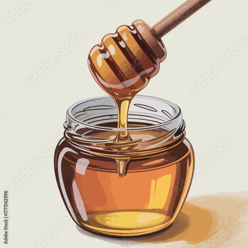 Golden honey dripping from a wooden dipper into a glass jar