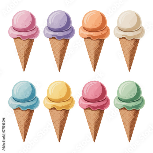 Collection of eight colorful ice cream cones in a variety of flavors