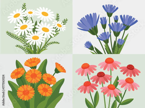 Four beautiful floral bouquets with daisies blue flowers orange flowers and pink flowers