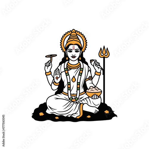 Indian deity sitting in lotus position, holding traditional objects, radiating tranquility. Illustrative Indian deity features divine symbols and gestures,