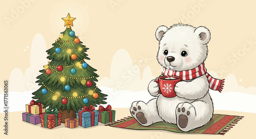 A charming holiday illustration of a cute polar bear cub enjoying a warm drink while sitting next to a decorated Christmas tree with presents underneath