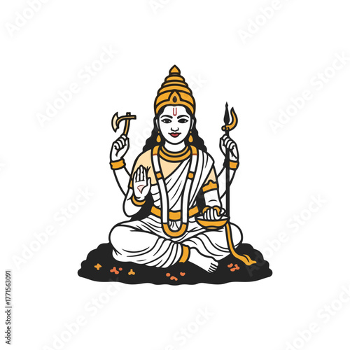 Depiction of Goddess Annapurna, Hindu goddess of nourishment in seated position with offerings, creating an aura of cultural significance.