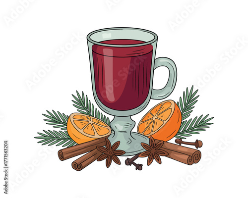 Warm mulled wine drink with orange slices cinnamon and star anise
