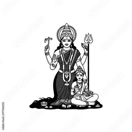 Hindu goddess drawing with divine woman offering spiritual blessings. Hindu goddess in black and white artwork showcases divine power and motherhood, emphasizing cultural heritage.