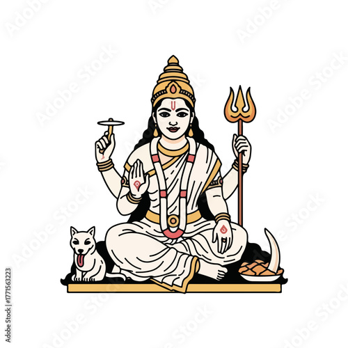 Seated Indian goddess illustration showing spirituality and devotion. Goddess with multiple arms, a symbol of power and blessings, is depicted sitting in lotus position and holding sacred objects.