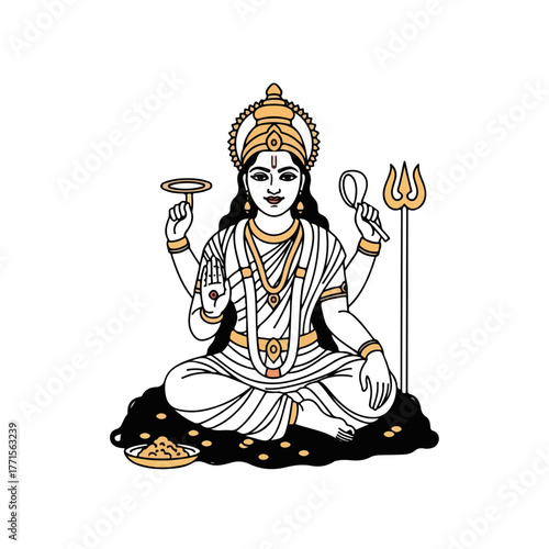 Illustration of Hindu Goddess Annapurna for religious and cultural events. Annapurna, seated on a cloud, embodies nourishment and abundance in Hindu tradition.