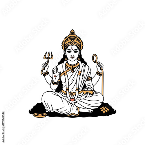 Hindu goddess illustration with trident and lotus, depicting Hindu goddess in minimalist style. Showing Hindu goddess for cultural or religious projects. Spiritual Hindu goddess drawing for designers.