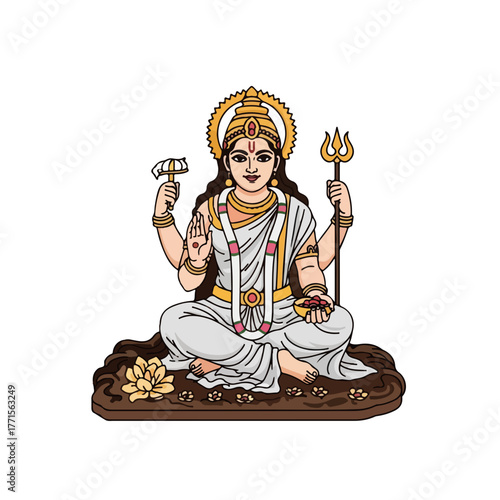 Navratri goddess illustration depicting Navratri deity in seated pose on floral platform. Navratri goddess showcases traditional iconography: multiple arms, divine attributes, peaceful expression.