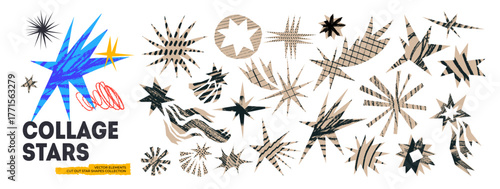 Irregular cut out scrapbook stars with crayon pattern and doodle. Hand drawn irregular shooting star shapes with cut out edges. Scribble texture, asymmetrical sparks and twinkles set.