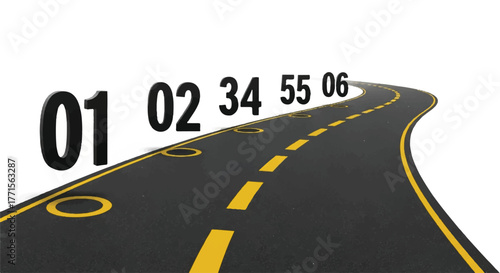A winding road with yellow markings and numbers on a white background, viewed from a low angle with a minimalist composition.