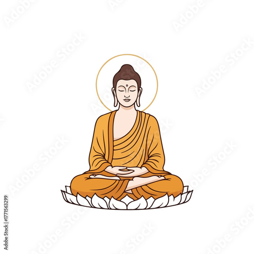 Buddha illustration depicting spiritual enlightenment and inner peace on clean white background. Buddha illustration represents meditation, dharma, and mindfulness in pursuit of nirvana.