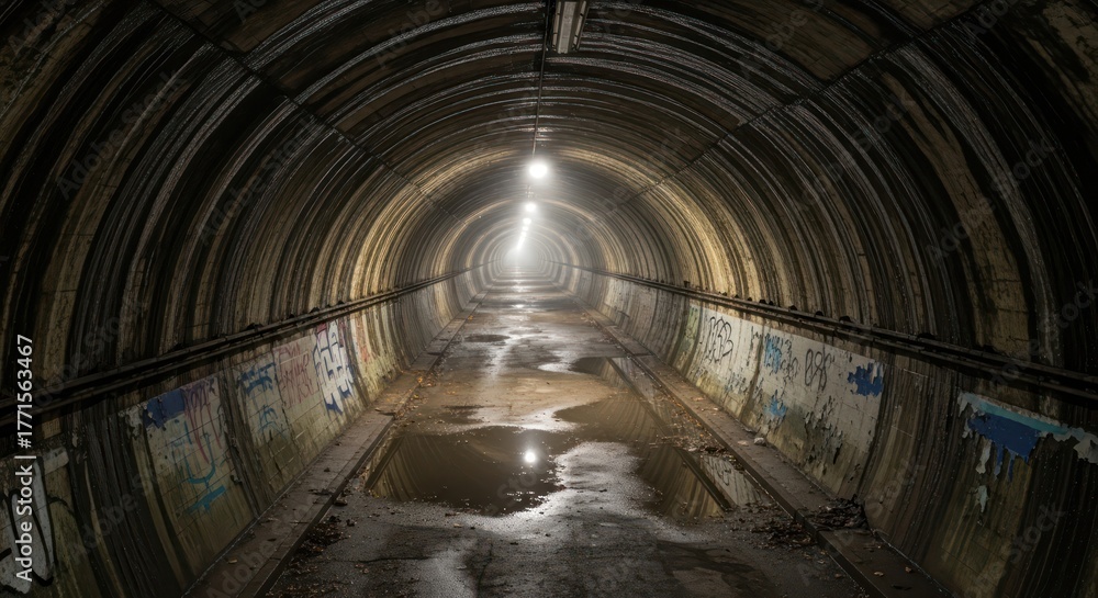 Obraz premium Eerie perspective of a long and dark tunnel showcasing a sense of mystery and abandonment