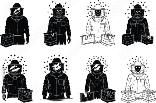 Beekeeper in protective suit with beehives, surrounded by flying bees, black and white vector illustration, honey production, apiary, cartoon style