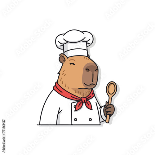 Chef capybara cartoon shows capybara dressed as professional chef with cooking spoon ready for culinary creation. Chef capybara is cute concept: cartoon character wearing chef's hat and uniform,