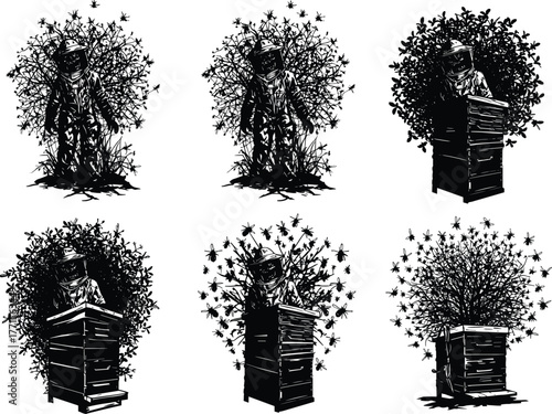 Beekeeper silhouette surrounded by bees and hives, black white vector illustration, apiary care concept, honey production art, insect farming and pollination design