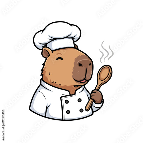 Capybara chef smiles with wooden spoon, ready to cook delicious meals, wearing chef's whites and chef's hat. Capybara chef's happiness is so contagious.