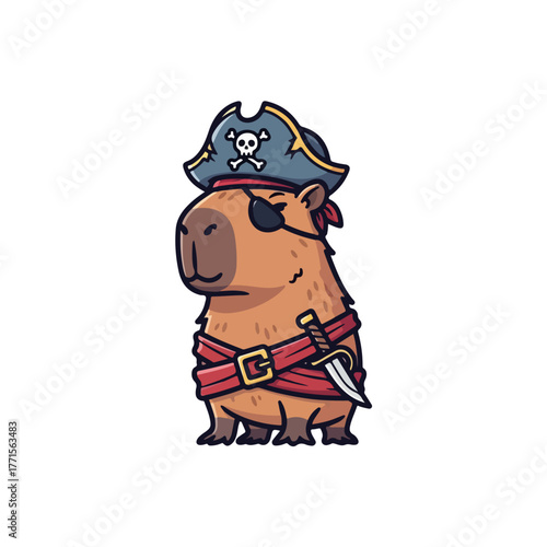Cute capybara as a pirate with eye patch and hat on white background, cartoon capybara pirate wearing small sword and looking at viewer.