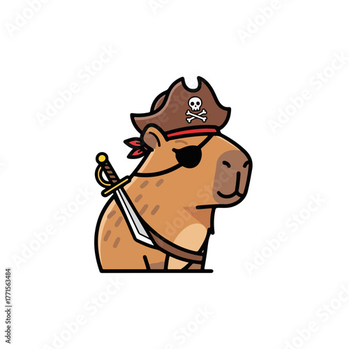 Cartoon pirate capybara with eyepatch, tricorn hat, and sword. Funny cartoon pirate capybara character is perfect for children's books, posters, or stickers.