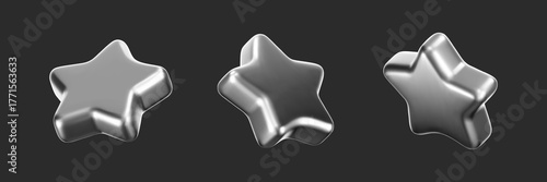 Silver 3D cyber star vector set. Glossy realistic chrome star icons for review, customer feedback, premium award, rating badge, trophy, Christmas and New Year decoration. Isolated on dark background