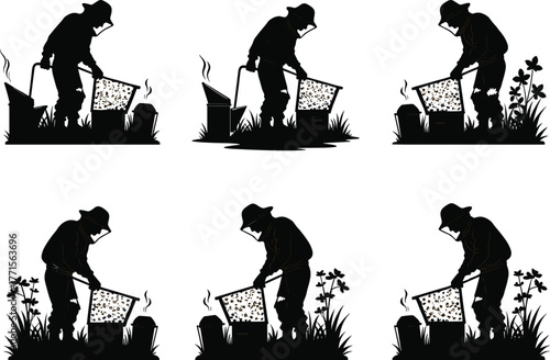Beekeeper silhouette with honeycomb frame, protective gear, smoker, beehive box, outdoor inspection, honey production, vector illustration, black figure, grassy base