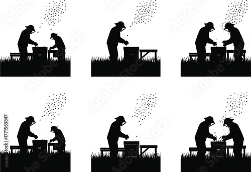 Beekeeper silhouettes, inspecting hives, protective gear, flying bees, apiary scene, honey production, rural farming, nature interaction, vector illustration, agricultural process, outdoor care