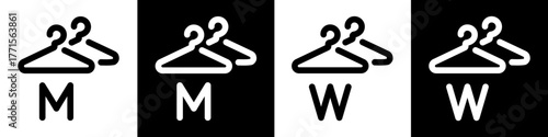 Wardrobe or cloakroom icon showing a simple hanger with male and female symbols. Outline vector illustration for changing room, dressing area, locker room and storage signage design.