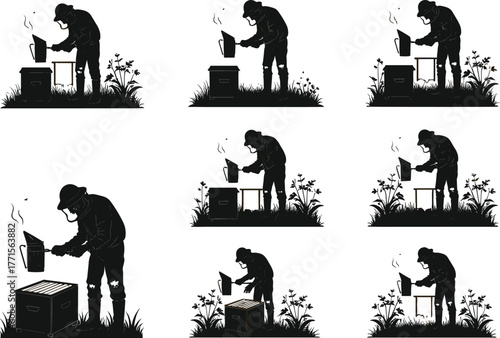 Beekeeper silhouette, honey harvesting, apiary tools, protective suit, hive inspection, rural farming, pollination process, nature care, outdoor agriculture, vector illustration