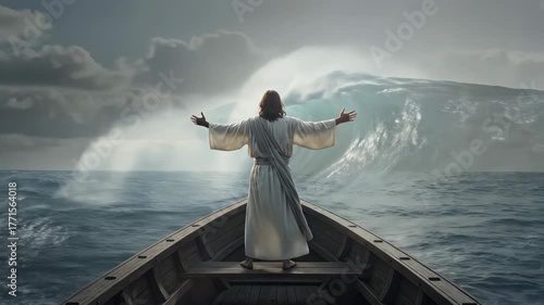 Jesus Christ calming a violent storm from a boat on the sea. A biblical miracle of faith and divine power. The tempestuous ocean transforms into a bright sunny day