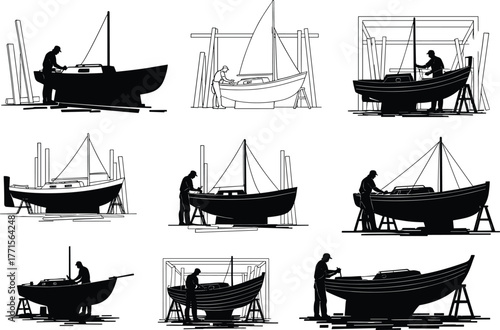 Boatbuilding vector illustration, maritime craftsmanship, repair process, wooden boat construction, silhouette workers, nautical tools, hull shaping, restoration scene, handwork, dockyard activity