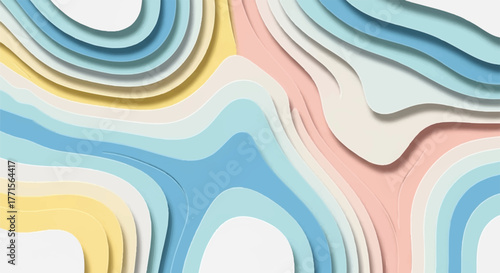 Multicolored layered paper cutouts in shades of blue, yellow, pink, and white, arranged in wavy patterns with varying depths.