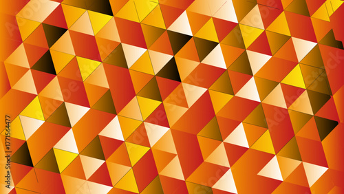 Warm low-poly geometric background in orange and yellow. Seamless triangular and diamond pattern with sun-like colors.