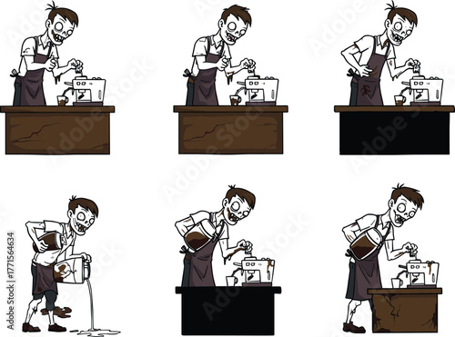 Cartoon zombie barista making coffee at espresso machine, funny undead cafe worker pouring drink, humorous horror vector illustration, isolated character set, Halloween design