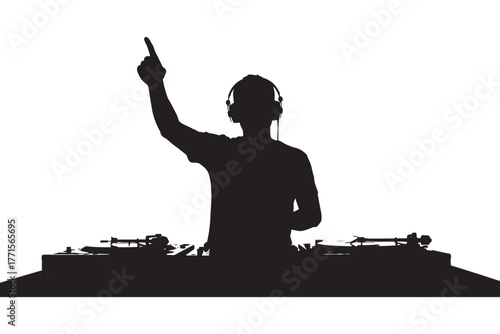 A dynamic silhouette of a dj with headphones, raising a hand while performing at a turntable, creating a vibrant musical atmosphere