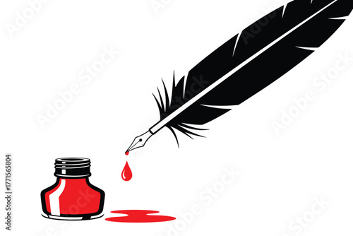 Inkwell and quill pen isolated on white background, symbolizing writing, literature, and the art of calligraphy with a classic and timeless aesthetic