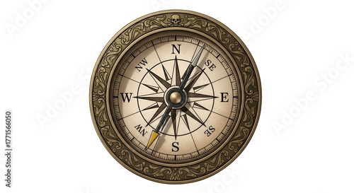 Illustration of a pirate compass with antique brass design, clean surface