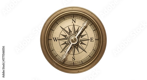 Illustration of a pirate compass with antique brass design, clean background
