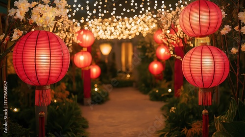 Festive Outdoor Path: Red Lanterns, Golden Fairy Lights, Auspicious Cinematic Scene