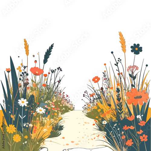 Pastel Colored Wildflower Meadow Along a Winding Path in Warm Sunlight Flat Design Style Against a Clean White Background