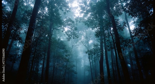 Ethereal sun rays piercing the morning fog in a deep forest.