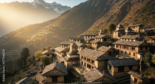 Traditional village on hillside in remote mountain region.