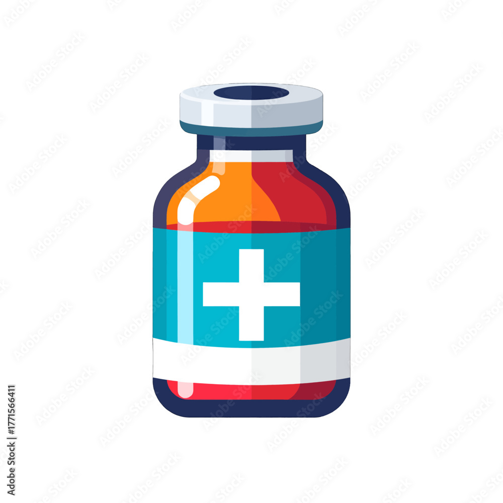 Obraz premium Pixel Art Style Medical Vial with Red Liquid and Blue Label on White Background