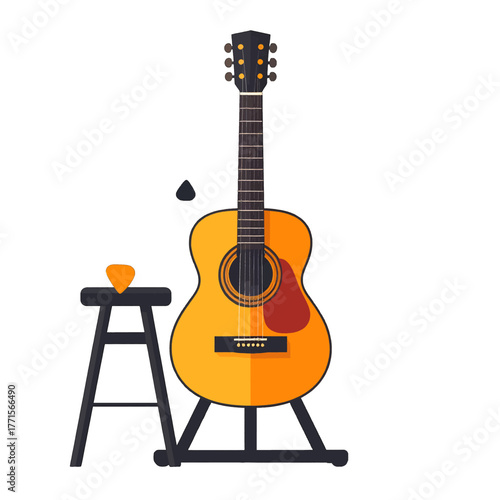 Acoustic Guitar Placed on Black Stand With Small Stool and Picks Against White Background