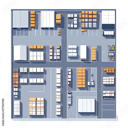 Aerial View of a Logistics Warehouse with Multiple Trucks and Stacks of Packages in Gray and White Tone