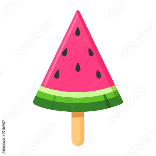 Vibrant Watermelon Slice Popsicle with Black Seeds and Green Rind on Stick on White Background
