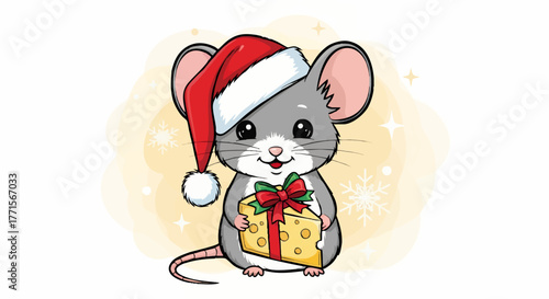 Cartoon illustration of a gray mouse wearing a Santa hat, holding a wrapped piece of cheese with a red bow.