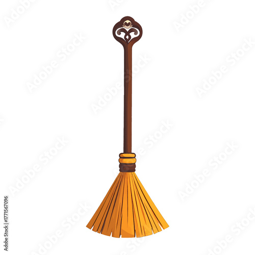 Simple Yellow Broom With Brown Handle on White Background Stock Photo