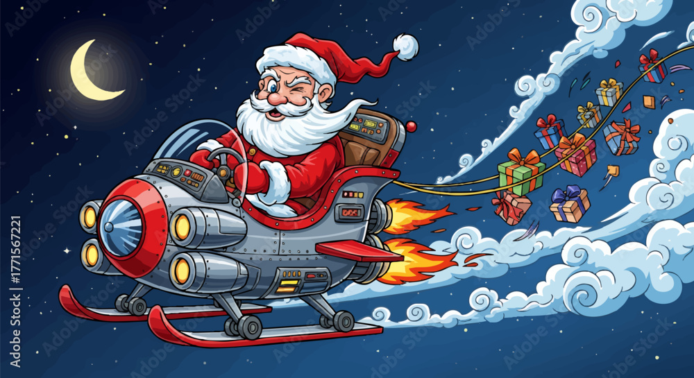 Naklejka premium Santa Claus flies through the night sky in a futuristic rocket sleigh, pulling presents behind him, with a crescent moon overhead.