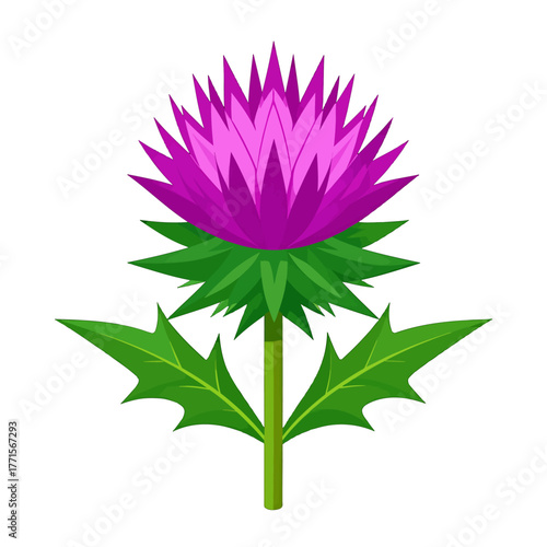 Pixel Art Image of a Purple Thistle Flower with Green Stem and Leaves on White Background