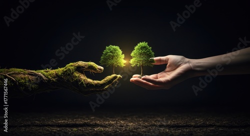 Hands holding small trees. Concept for environmental conservation and growth.