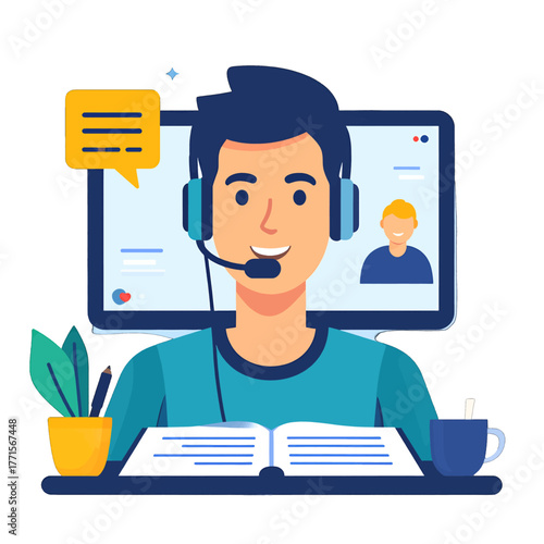 Smiling Man with Headset in Blue Shirt Giving Online Lesson with Open Book and Computer Screen Background in Flat Style Illustration